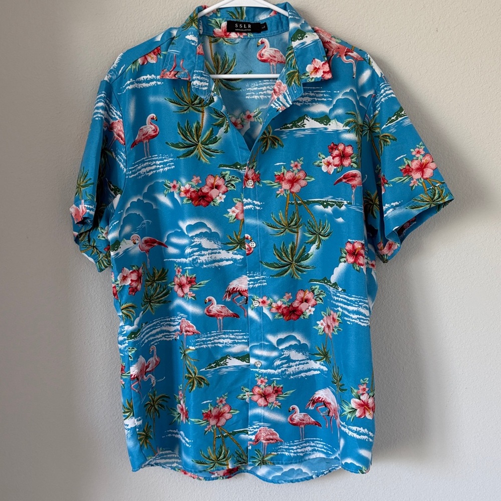 Blue Tropical Hawaiian Flamingo Men's Shirt - Large